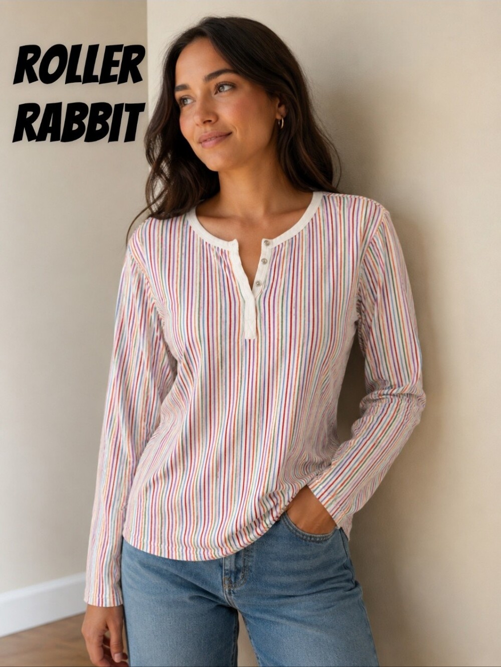 Roller Rabbit Pastel Multistripe Long-Sleeve Henley Size-Large
